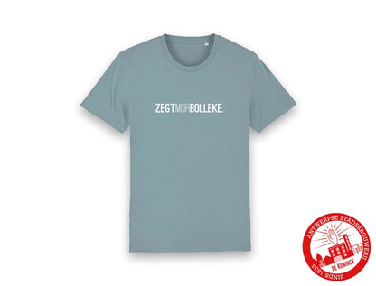 Blauwe T-shirt met opdruk ZEGTMORBOLLEKE.