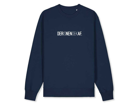 Blauwe sweater met opdruk DERISNENOEKAF.