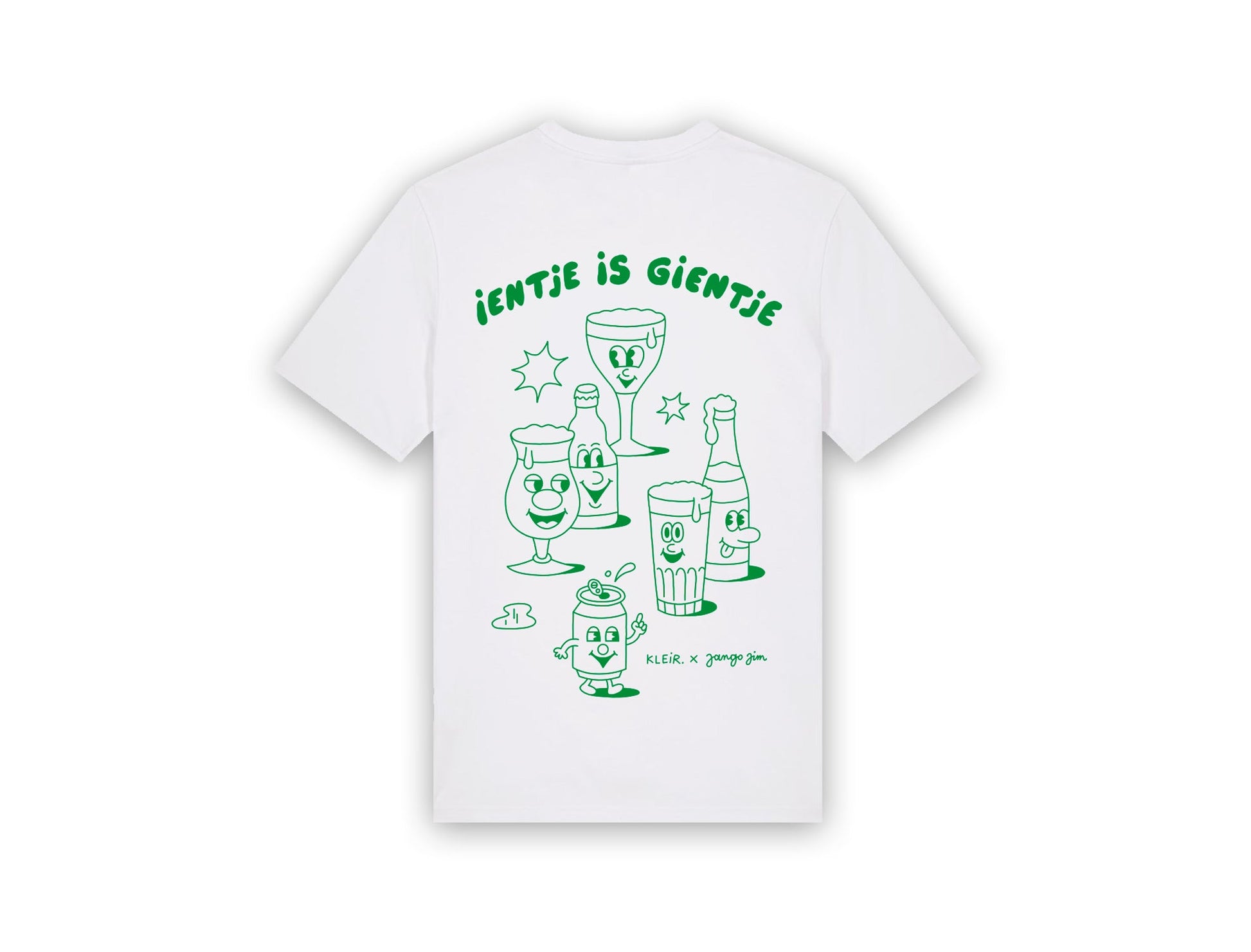 Witte T-shirt met een tekening van Jango Jim 'Ientje is gientje'.