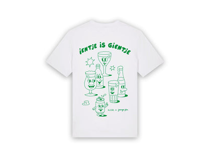 Witte T-shirt met een tekening van Jango Jim 'Ientje is gientje'.