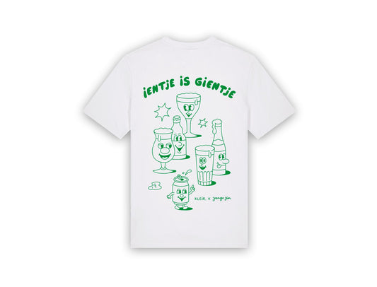 Witte T-shirt met een tekening van Jango Jim 'Ientje is gientje'.