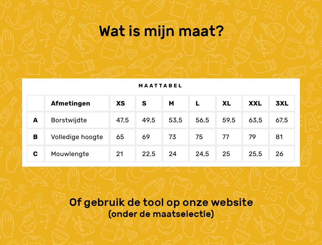 Maattabel voor de T-shirts van KLEIR.