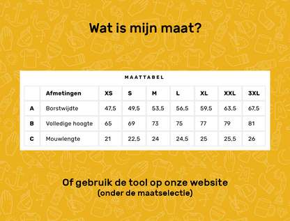 Maattabel voor de T-shirts van KLEIR.