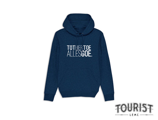 Donkerblauwe hoodie met opdruk TOTHIERTOEALLESGOE.
