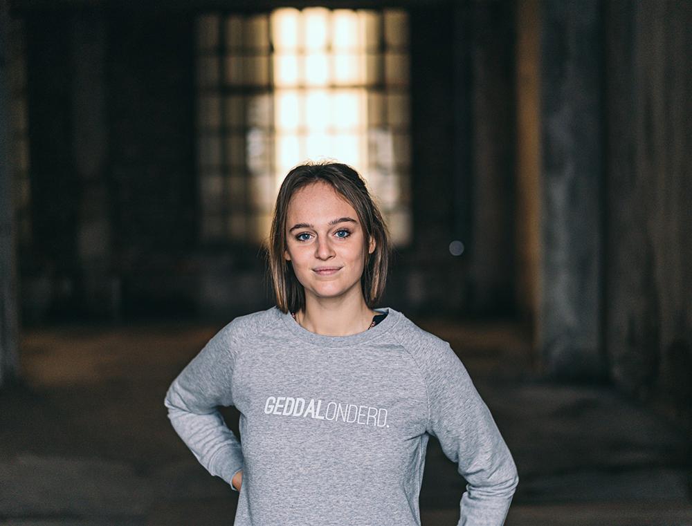 Grijze trui met opdruk GEDDALONDERD