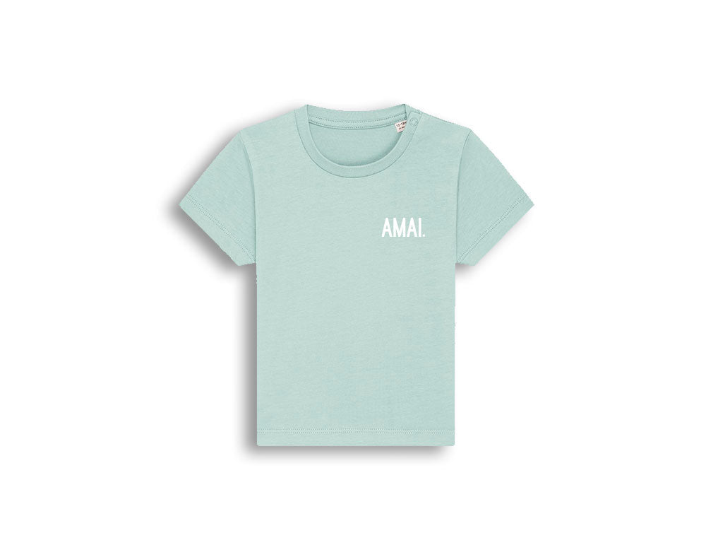 Blauwe T-shirt met opdruk AMAI voor baby's.