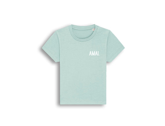 Blauwe T-shirt met opdruk AMAI voor baby's.