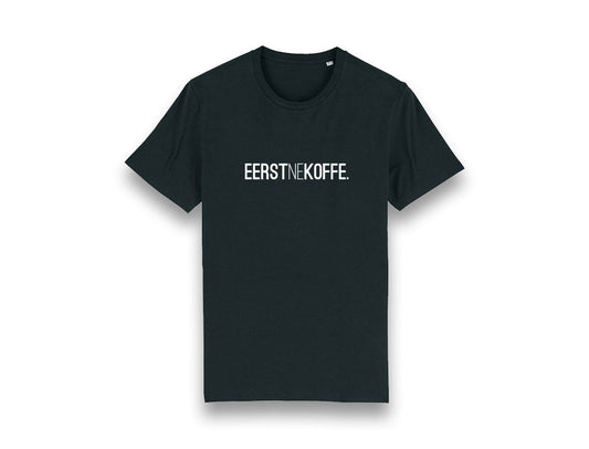 Zwarte T-shirt met opdruk EERSTNEKOFFE.