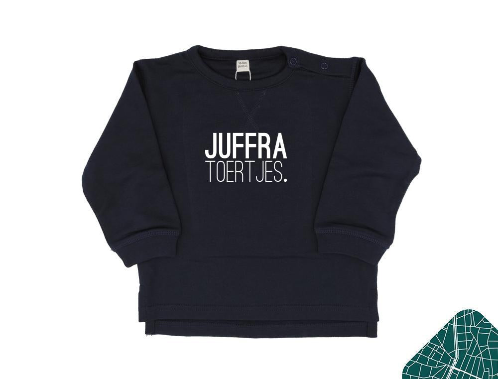 Blauwe trui met opdruk JUFFRA TOERTJES.