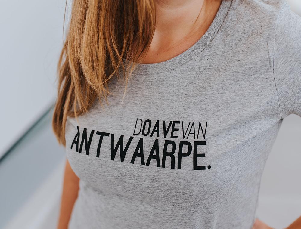 Close-up van grijze T-shirt met opdruk DOAVEVANANTWAARPE.