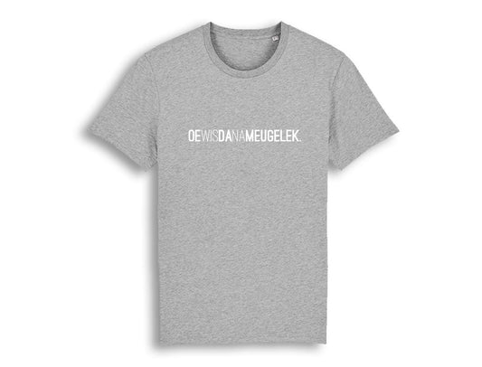 Grijze T-shirt met opschrift OEWISDANAMEUGELEK.