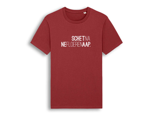 Rode T-shirt met odruk SCHETNANEFLOERENAAP.