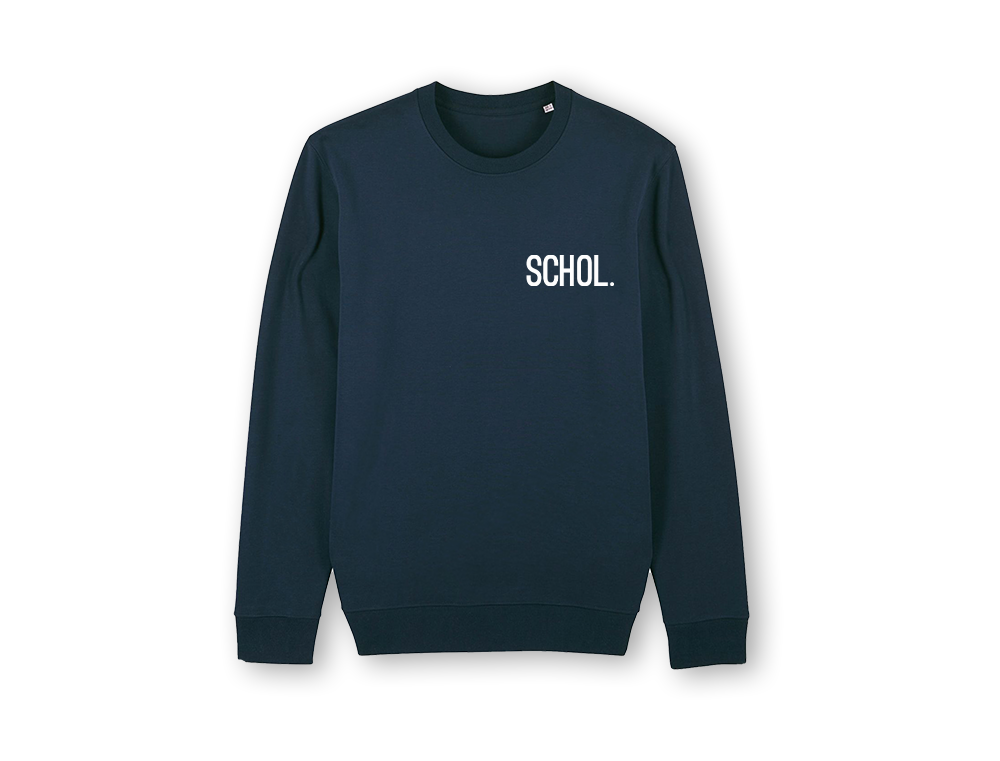 Blauwe trui met opdruk SCHOL