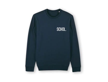 Blauwe trui met opdruk SCHOL