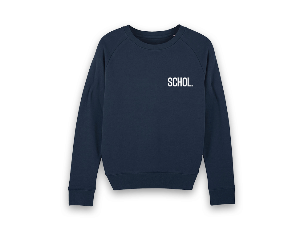 Blauwe trui met opdruk SCHOL