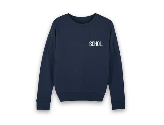 Blauwe trui met opdruk SCHOL