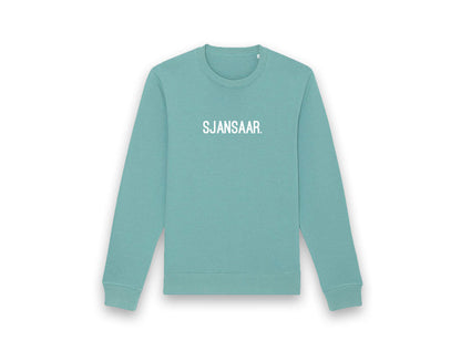 Blauw-groene trui met opdruk SJANSAAR.