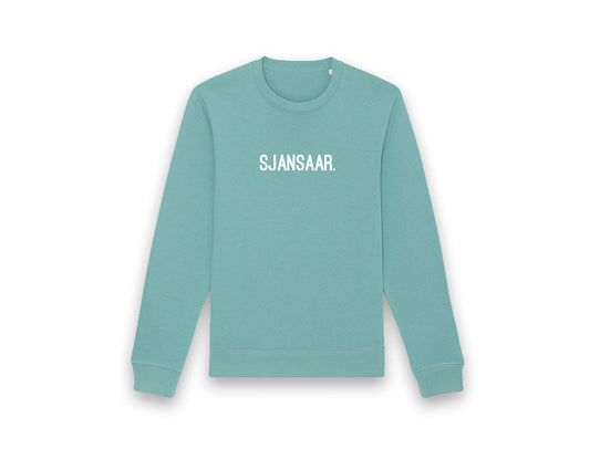 Blauw-groene trui met opdruk SJANSAAR.