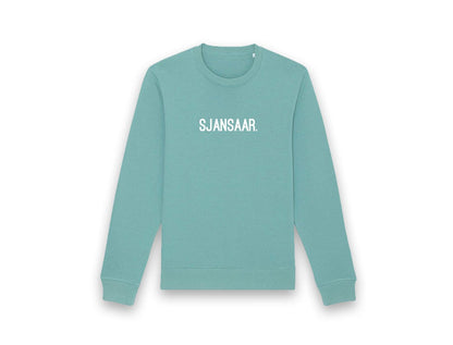 Blauw-groene trui met opdruk SJANSAAR.