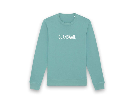 Blauw-groene trui met opdruk SJANSAAR.