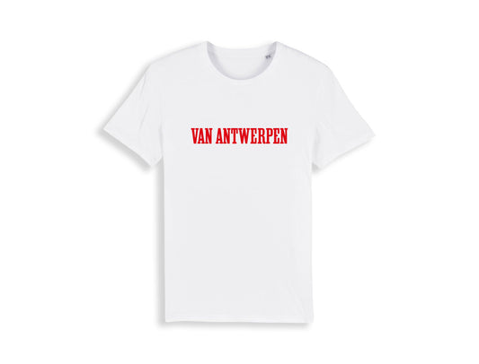 Witte T-shirt met rode opdruk VANANTWERPEN.