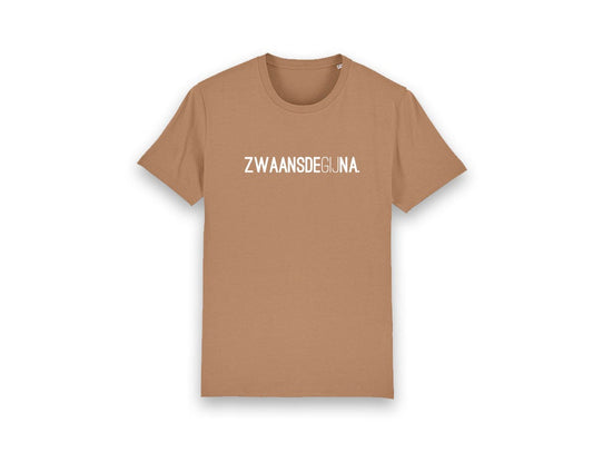 Bruine T-shirt met opdruk ZWAANSDEGIJNA.